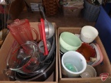 Metal mixing bowls, Pyrex 8cup measuring, pie tins, graters, and ceramic/porcelain vases.