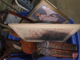 Wood decorative items, frames, and bathroom scale. Contents of tote with cover.