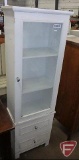 Painted wood cabinet with glass door and 2 drawers, 58inHx19inWx11inD