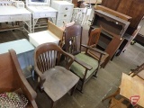 (2) wood chairs, wood rocking chair, painted wood hutch/shelf unit 44inHx32inWx12inD,