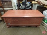 Painted wood chest, 44inL, some pieces broke off feet