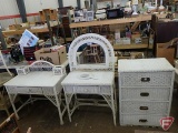 3-piece white wicker set, desk, vanity with mirror and one drawer, and 4 drawer chest.