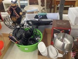 Fondue pots, plastic bear figurine, metal bowl, plastic handled caddy, pet harnesses, massager,