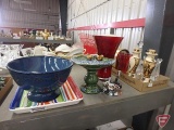 Centerpiece bowl, ceramic platter, decorative bird bath, vases, candle holders, bookends, and