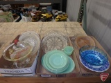 Jadeite plates and saucers, Fire King jadeite creamer, glass platters, blue glass bowl,