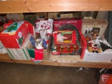 Holiday/Christmas items, porcelain Santa scene, fiber optic wreath, snoring Santa, stockings,