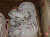 China with rose pattern, not all matching. Contents of wood crate and boxes pieces.