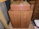 Wood media storage cabinet, 30inHx23inWx12inD, media storage drawers, assortment of VHS