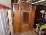 3-piece entertainment/media storage cabinet, center has light, 2 wood doors and 1 glass door and