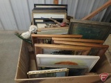 Framed vintage prints and other wall decoration. Contents of 2 boxes