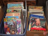 Comic books, puzzles, coloring books. Contents of box and tote with cover.