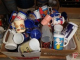 Plastic and ceramic mugs, novelty and advertising. Contents of 3 boxes