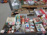 Vintage Holiday/Christmas items, ornaments, tree toppers, cardboard village, and other