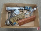Feed bag, flour bag, and embroidered table covering, metal spoons, flashlight, oil can,