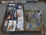 Pinup girl framed photos, adult playing cards and matchbooks, novelty glassware.