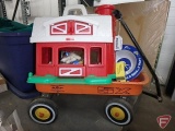 Fisher Price barn with accessories, toy cars, Morton Salt plastic bowls, AMX 5X metal wagon.