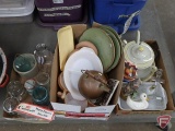 Dishware, Fire King,Frankoma, and others, plates, cups, saucers, soup urn, copper teapot,