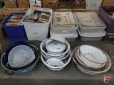 Enamelware, bowls, basins, pots, red/white, blue/white, black/white and colored.