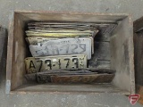 License plates, 1930s-1970s in wood box