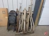 Assortment of horse eveners and scythes, axe, shovel, (4) metal folding chairs.