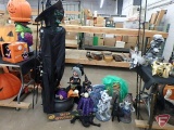 Metal lighted archway 7ft high, hanging witch, plastic, resin, and fabric Halloween decorations.