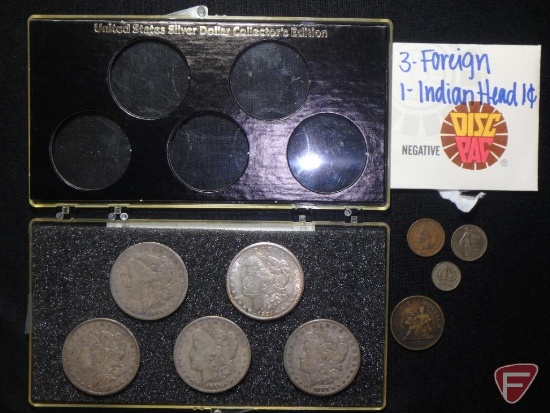 Morgan Silver Dollars: 1901 O XF, 1892 O VG to F, 1883 P VG, 1880 P VG, 1921 S XF