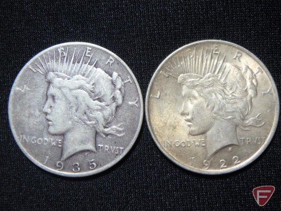 1922 Peace Dollar AU, 1935 S Peace Dollar VG to F