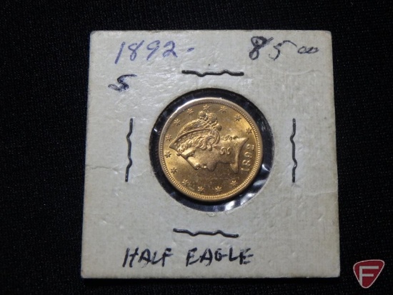 1892 S $5 Gold U.S. Half Eagle coin AU to unc.