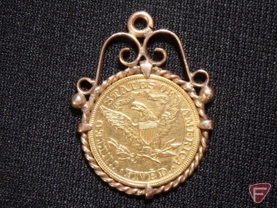 1893 1/2 Eagle Gold $5 coin XF cleaned in 10K Yellow Gold pendant setting