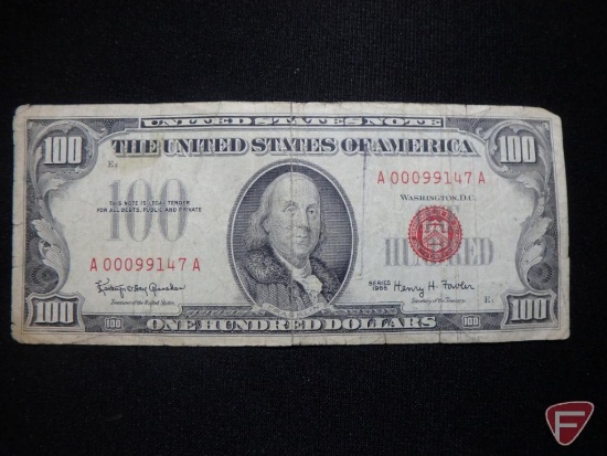 Series of 1966 $100 U.S. Red Seal note F to G, multiple creases soiled