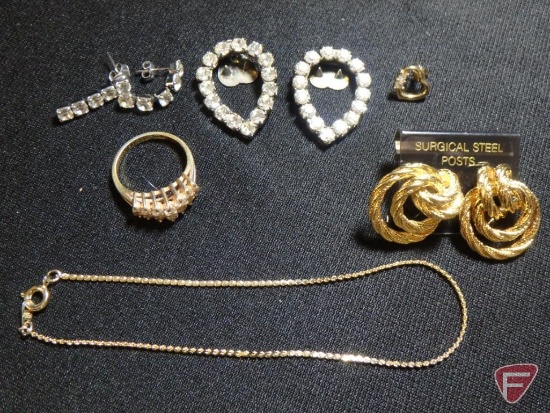 Costume Jewelry: (3) pairs of earrings, (1) non-matching earring, (1) Yellow GF bracelet,