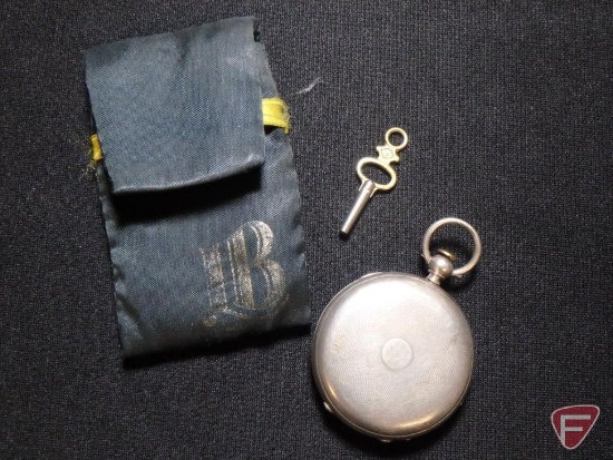 Henry Beguelin Locle Silver key wind movement size 16 pocket watch with key and pouch