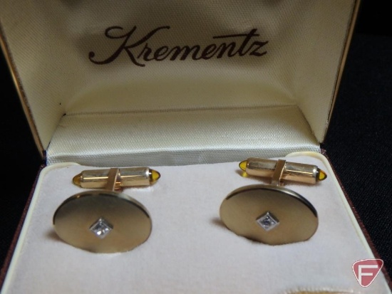 Pair of Krementz yellow GF cufflinks with CZ stones