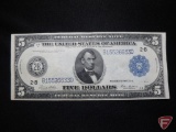 1914 $5 Federal Reserve Note horse blanket 2-B XF with 1 fold in middle