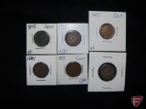 Indian Head Pennies: 1862 G to VG, 1893 VF to XF, 1881 VG, 1901 VF to XF, 1898 XF,