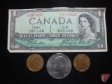 1972 D non-silver Ike Dollar avg. circ., (2) Canadian Loonie coins, 1954 Canadian $1 bill VG