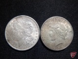 1921 Morgan Silver Dollar AU, 1926 S Peace Dollar F or better