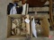 Grandfather clock face and weights, light shades, and work gloves, shears, and scissors