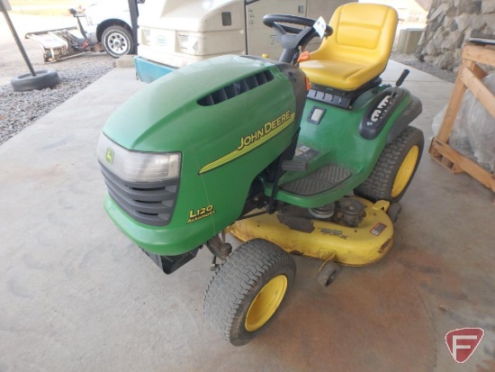 John Deere L120 22 hp V-Twin riding lawn mower with 48" deck, automatic, 399.7 hours showing