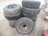 Asst. automotive tires, most on 4 or 5 bolt steel rims