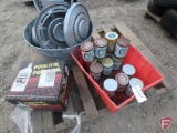 Metal oil cans, 10W30 automotive oil, galvanized tub, and asst. hub caps