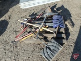 Yard/garden tools: shovels, rakes, dirt compactor/tamp, and rake