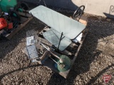 Live animal trap, yard and garden table, lawn animals, flower pots, old yard light fixture,