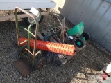2 wheel cart, snow fence, rakes, shovels, fertilizer spreader, garden hose, pole saw