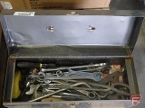 Tool box and contents: levels, chalk line, hammer, staples, oil wrench, wrenches