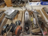 (2) drill bit index boxes, hole saws, wood lathe bits, planes, combination square, draw,