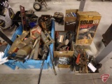 Copper fittings, brass fittings, old torch, level, grease guns, square,
