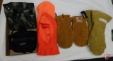 Mittens, blaze orange stocking caps, camo lunch bag, fanny pack