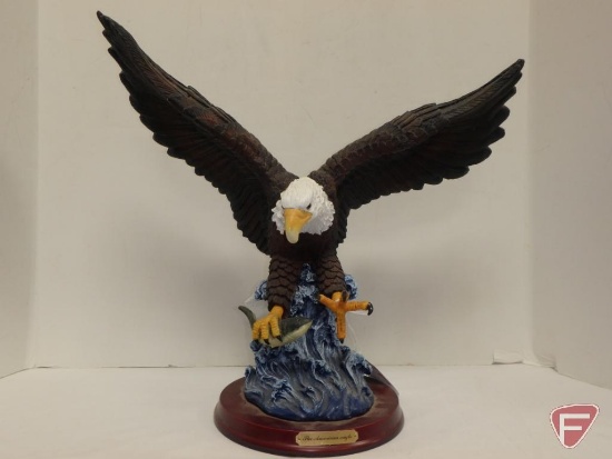 American Eagle figurines. (2) on wood base are ceramic, other is resin. 15InH. 3 pieces