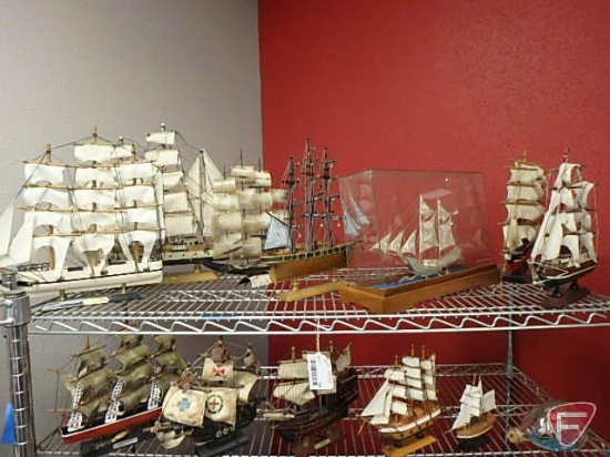 Replica ships, one in case made from metal string, one made with horns, one in bottle.